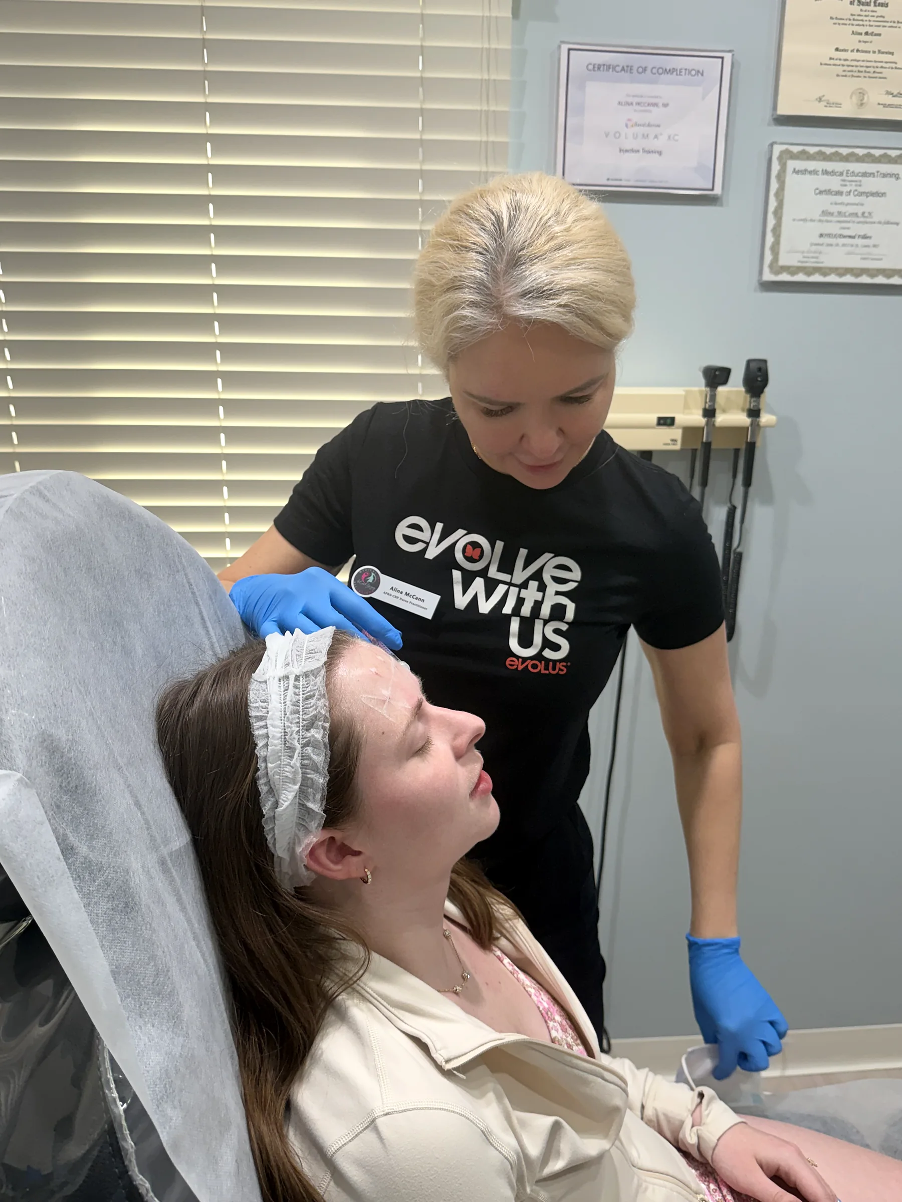 Botox placed across the forehead and temples