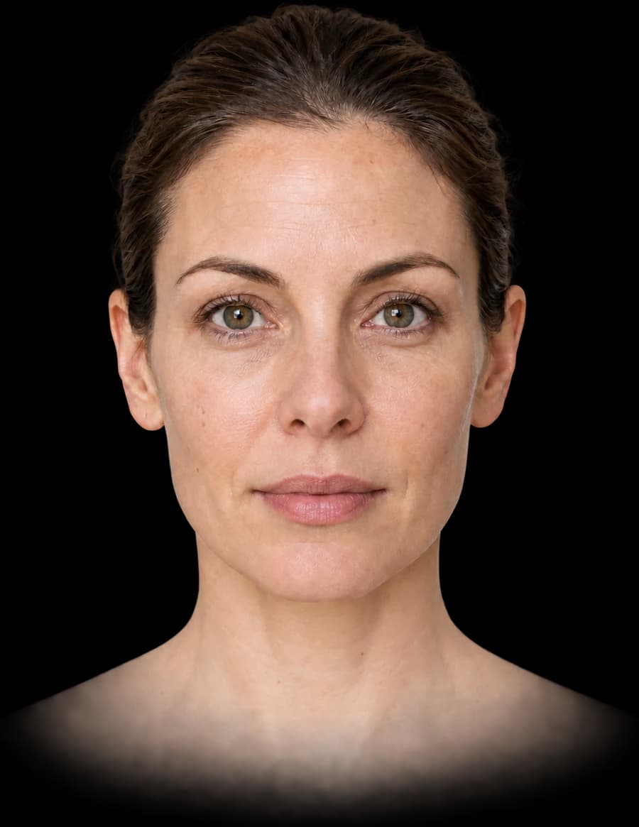 A woman's face, front on, with points marking the areas we treat