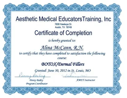 Certificate of completion, Botox and dermal fillers, Aesthetic Medical Educators Training, 2012