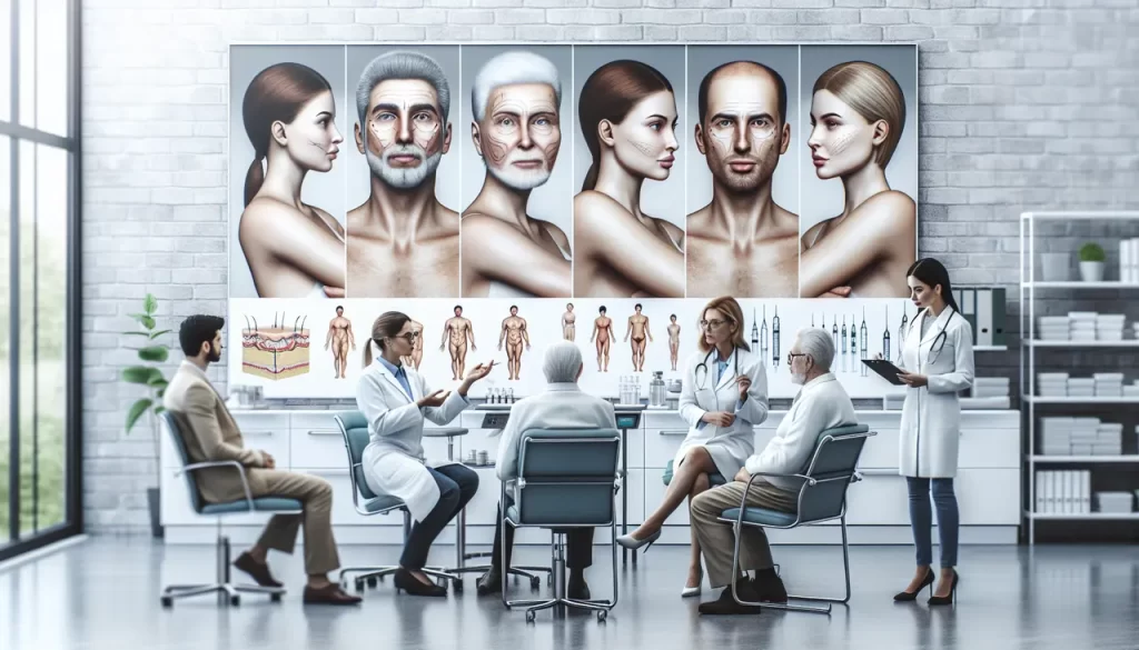 Medical professionals discussing cosmetic enhancements in a modern clinic, featuring before-and-after images of Botox and dermal fillers on the wall.