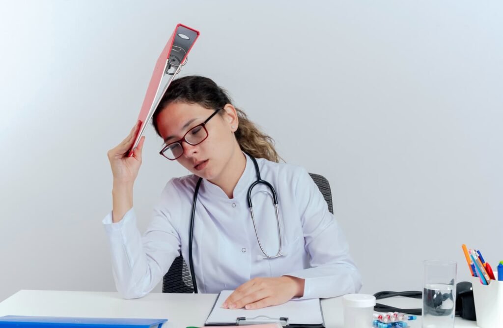 Medical professional looking stressed while reviewing health records at a desk, emphasizing fatigue assessment and energy testing services at 4Ever Young STL MedSpa.